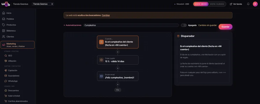 Panel de WeeebShop: Automatizaciones