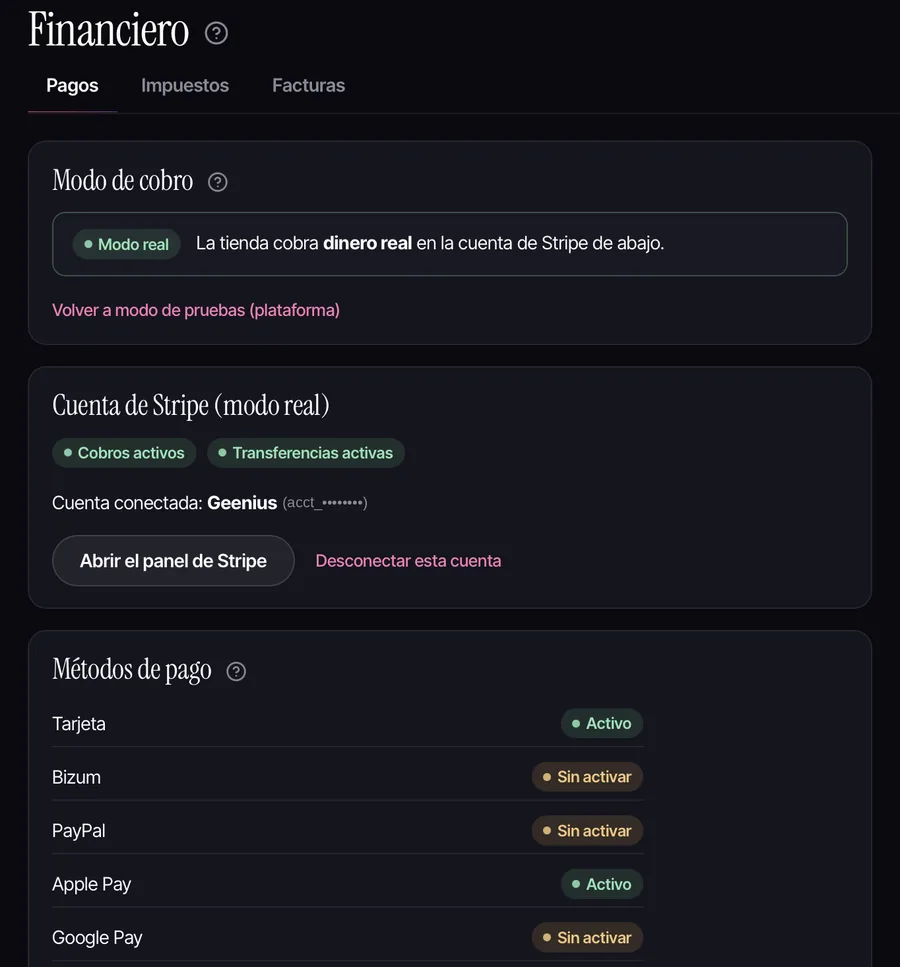 Panel de WeeebShop: Cobros