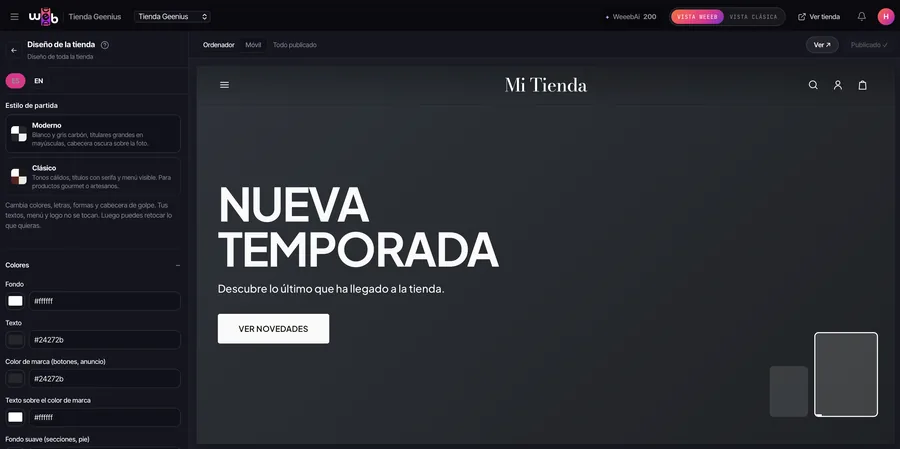 Panel de WeeebShop: Diseño