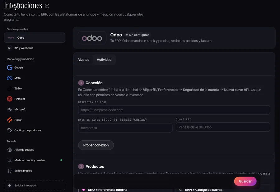 Panel de WeeebShop: Integraciones