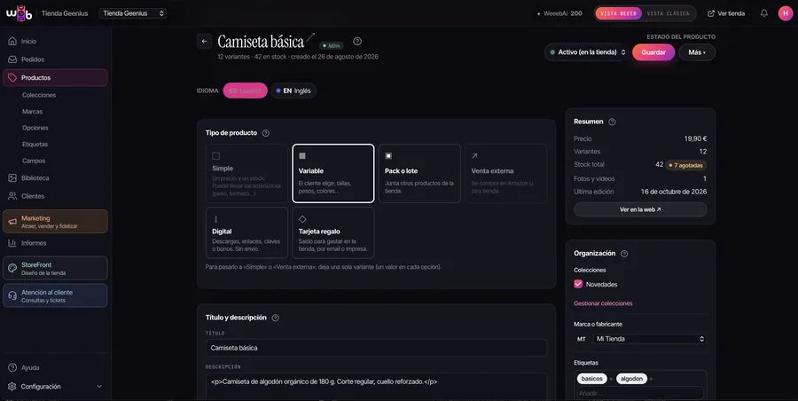Panel de WeeebShop: Productos