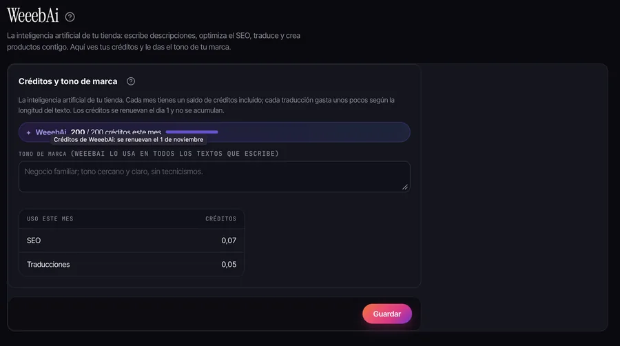 Panel de WeeebShop: WeeebAi